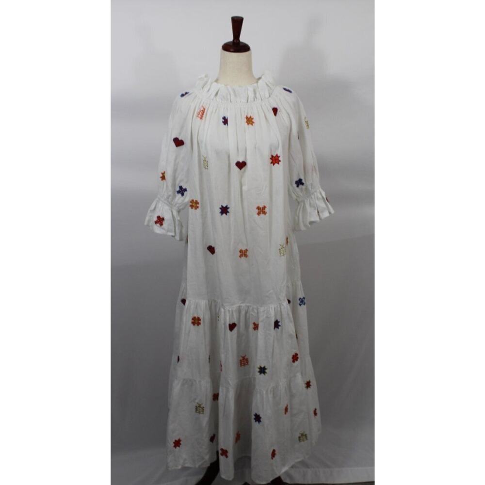 SVITLAYA Sz M Medium White Embroidered Ruffled Tiered Midi Dress Ukraine